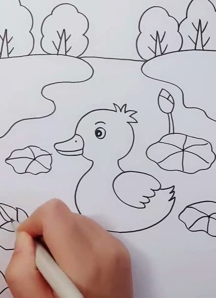 小鸭子简笔画池塘图片