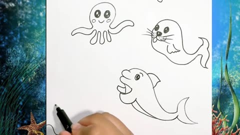 海底总动员简笔画:章鱼,海豚,海豹,闪闪发光的珊瑚